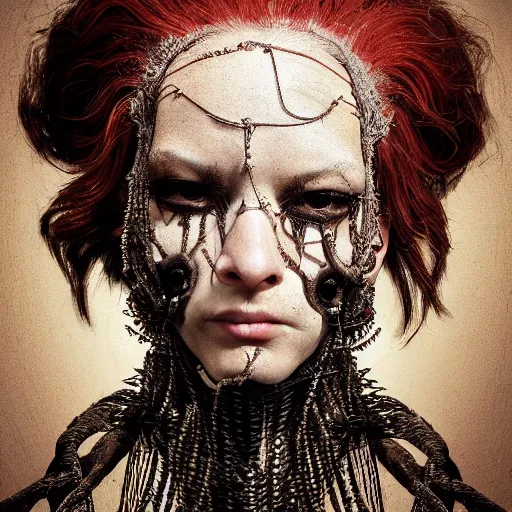 Image similar to portrait of a Shibari barbed wire wrapped face and neck, headshot, insanely nice professional hair style, dramatic hair color, digital painting, of a old 17th century, old cyborg merchant, amber jewels, baroque, ornate clothing, scifi, realistic, hyperdetailed, chiaroscuro, concept art, art by Franz Hals and Jon Foster and Ayami Kojima and Amano and Karol Bak,