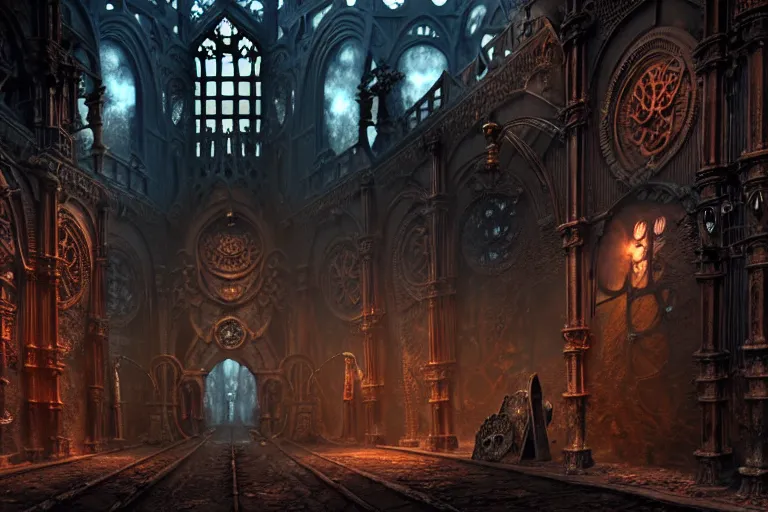 Image similar to steam necropolis, memento mori, gothic, neo - gothic, art nouveau, hyperdetailed copper patina medieval icon, stefan morrell, philippe druillet, ralph mcquarrie, concept art, steampunk, unreal engine, detailed intricate environment, octane render, moody atmospherics, volumetric lighting, ultrasharp, ominous, otherworldly