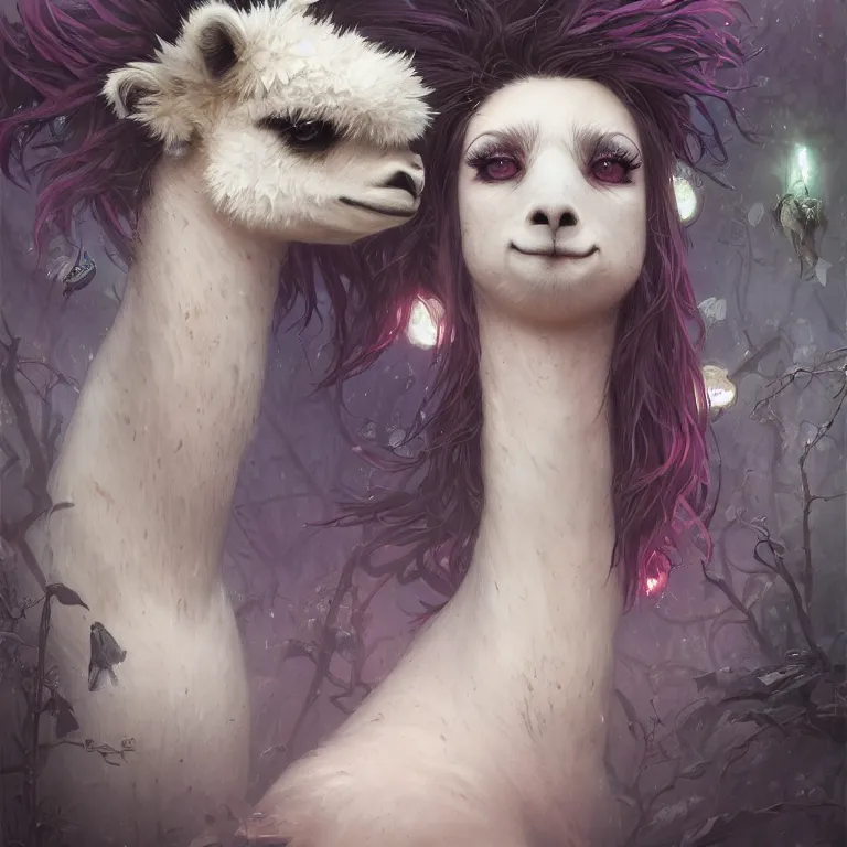 Image similar to highly detailed portrait of emo alpacas, eyeshadow, goth makeup, piercings, unreal engine, dark fantasy art by greg rutkowski, loish, rhads, ferdinand knab, makoto shinkai and lois van baarle, ilya kuvshinov, rossdraws, tom bagshaw, alphonse mucha, global illumination, radiant light, detailed and intricate environment