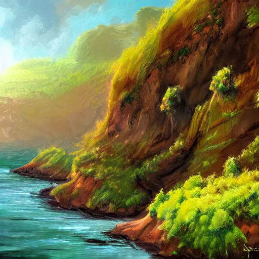 Prompt: painting of a lush natural scene on an alien planet featured on deviantart. beautiful landscape. weird vegetation. cliffs and water.