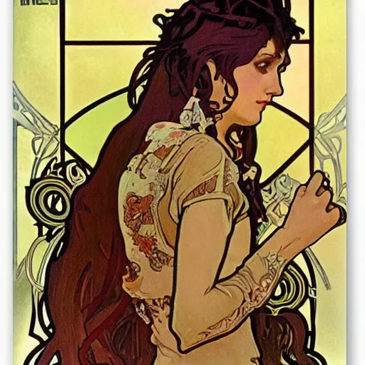 Prompt: female occult detective, painted by alphonse mucha