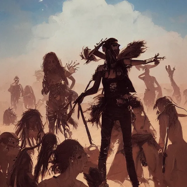 Image similar to a painting of a punk concert at the desert by greg rutkowski, dark fantasy art, high detail, trending on artstation
