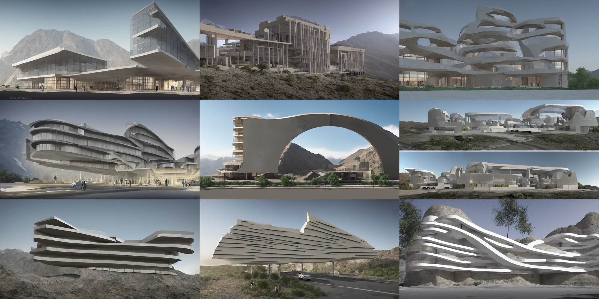 Prompt: Highly realistic arch-viz render of concept art for an ultra-modern Iranian Hotel building in the mountains