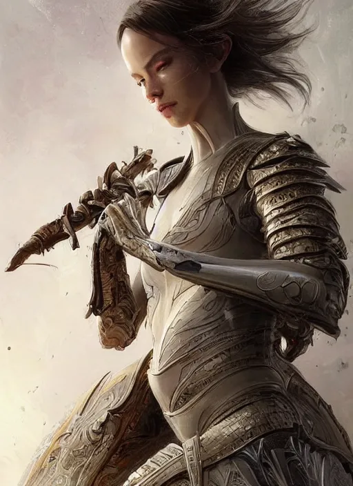 Image similar to a professional portrait of a beautiful young female, clothed in ethereal battle armor, olive skin, long dark hair, beautiful bone structure, symmetrical facial features, intricate, elegant, digital painting, concept art, smooth, sharp focus, finely detailed, illustration, from Valerian and the City of a Thousand Planets, in the style of Ruan Jia and Mandy Jurgens and Artgerm and Greg Rutkowski and William-Adolphe Bouguerea