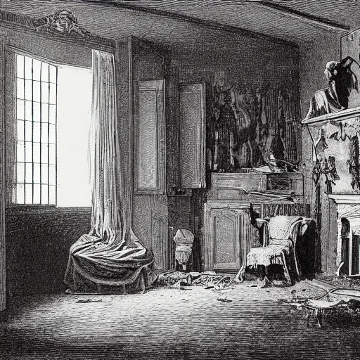 Prompt: living room of an abandonded house, illustration by Gustav Doré