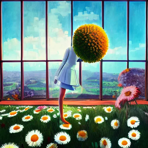 Prompt: giant daisy flower head, girl in suit, standing next to modern window in luxury loft, surreal photography, sunlight, impressionist painting, digital painting, artstation, simon stalenhag