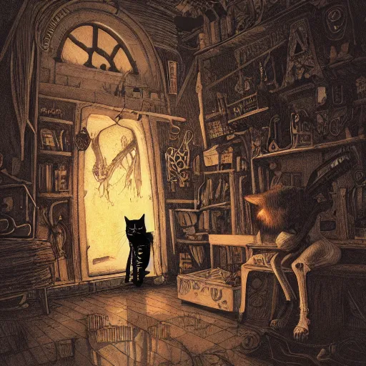 Image similar to skeleton wearing headphones, watching girl playing guitar while her black cat standing next to her, detailed intricate ink illustration, dark atmosphere, detailed illustration, hd, 4k, digital art, overdetailed art, by greg rutkowski, by loish, complementing colors, Trending on artstation