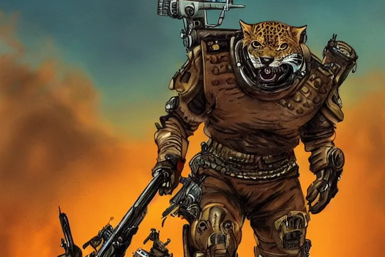 Prompt: a good ol'jaguar fursona ( from the furry fandom ), heavily armed and armored facing down armageddon in a dark and gritty version from the makers of mad max : fury road. witness me.