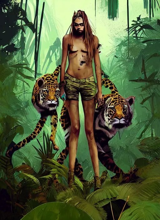 Image similar to cara delevingne as jungle queen, by ismail inceoglu