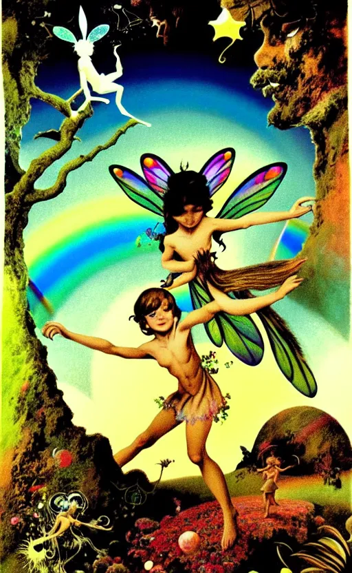 Image similar to small fairies, enchanted forest, small animals, stars in the sky, rainbows, hallucination, psychotropic psychedelic, wide angle shot, white background, vector art, illustration by frank frazetta by salvador dali