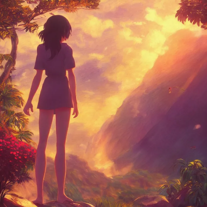 Image similar to an epic makoto shinkai and renoir landscape with a hawaiian waterfall, golden hour, 🌺, a beautiful woman with long brown hair, ultra smooth, octane render, lois van baarle, ilya kuvshinov