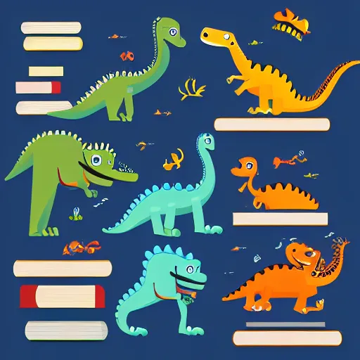 Image similar to dinosaur with books for scales, cartoon artwork, logo, clean design, minimalist