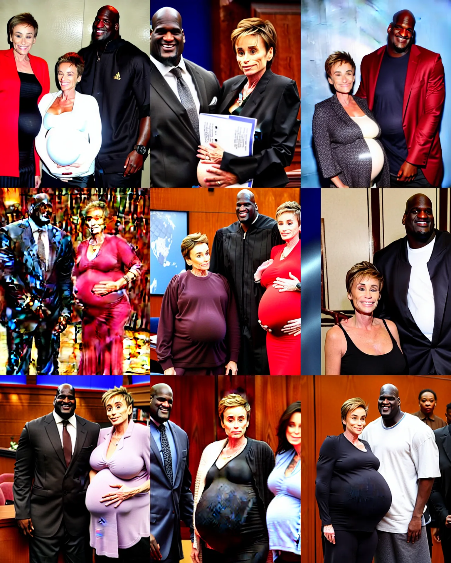 Prompt: shaquille o'neil pregnant, shaquille o'neil holding his pregnant stomach, judge judy standing next to him, press release photograph