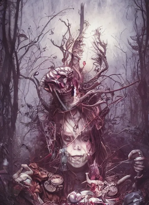 Prompt: Alice in Wonderland Death Tarot card,highly detailed,cinematic,8k,by Stanley Artgermm,Tom Bagshaw,Greg Rutkowski,Carne Griffiths, Ayami Kojima, Beksinski, Giger,trending on DeviantArt,hyper detailed,horror, full of colour