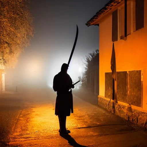 Image similar to a small medieval village at night time, orange glowing light filters out through the windows of the houses and a thin mist has settled around them, a lone guard stands watch armed with a spear and a flaming torch, dramatic, dark moody lighting, high quality