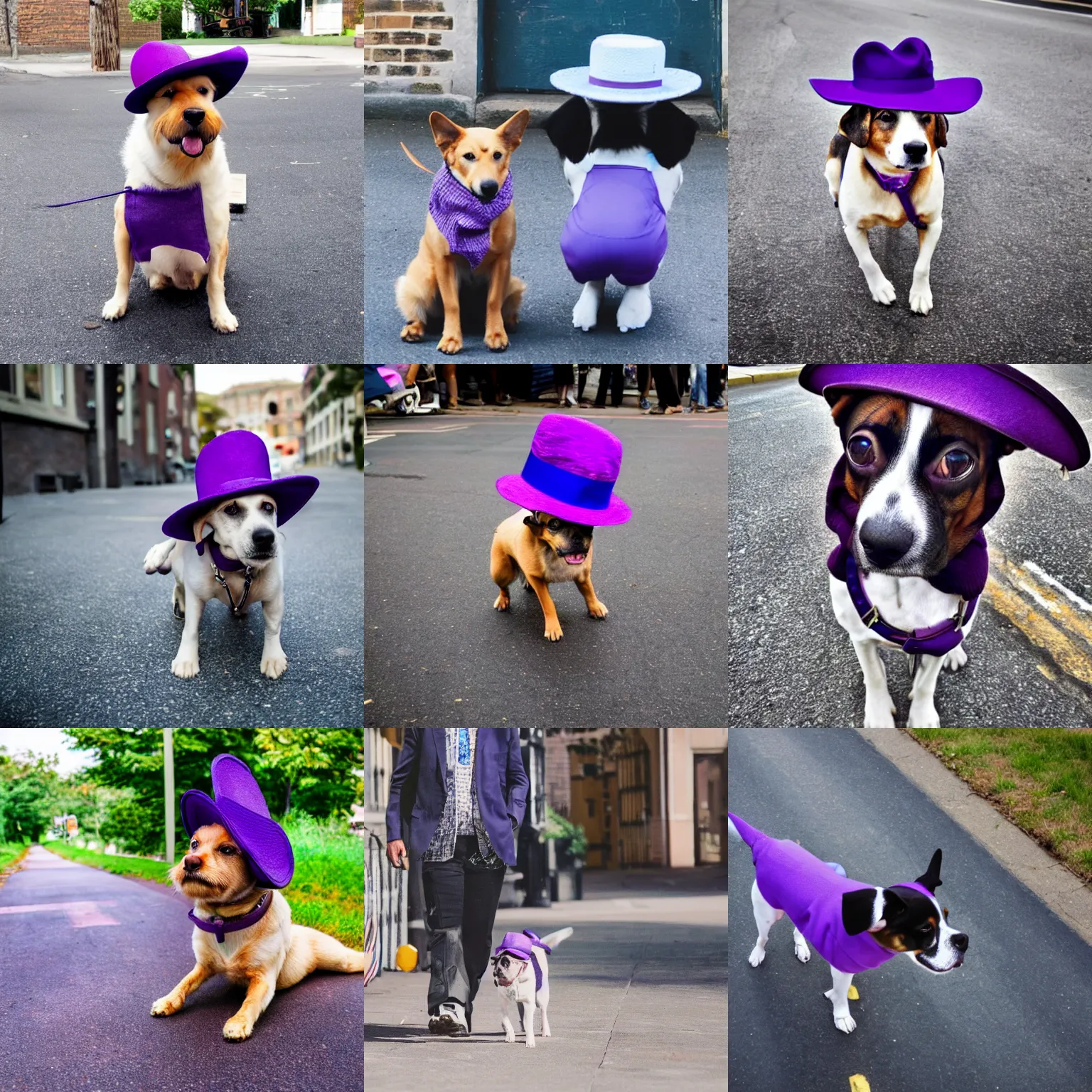 Prompt: a dog in a purple fedora in a street