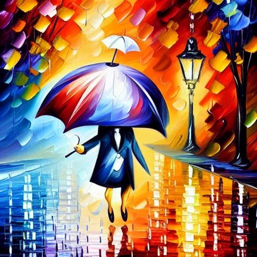 Prompt: rabbit with an umbrella in the rain looks at the pocket watch, by leonid afremov