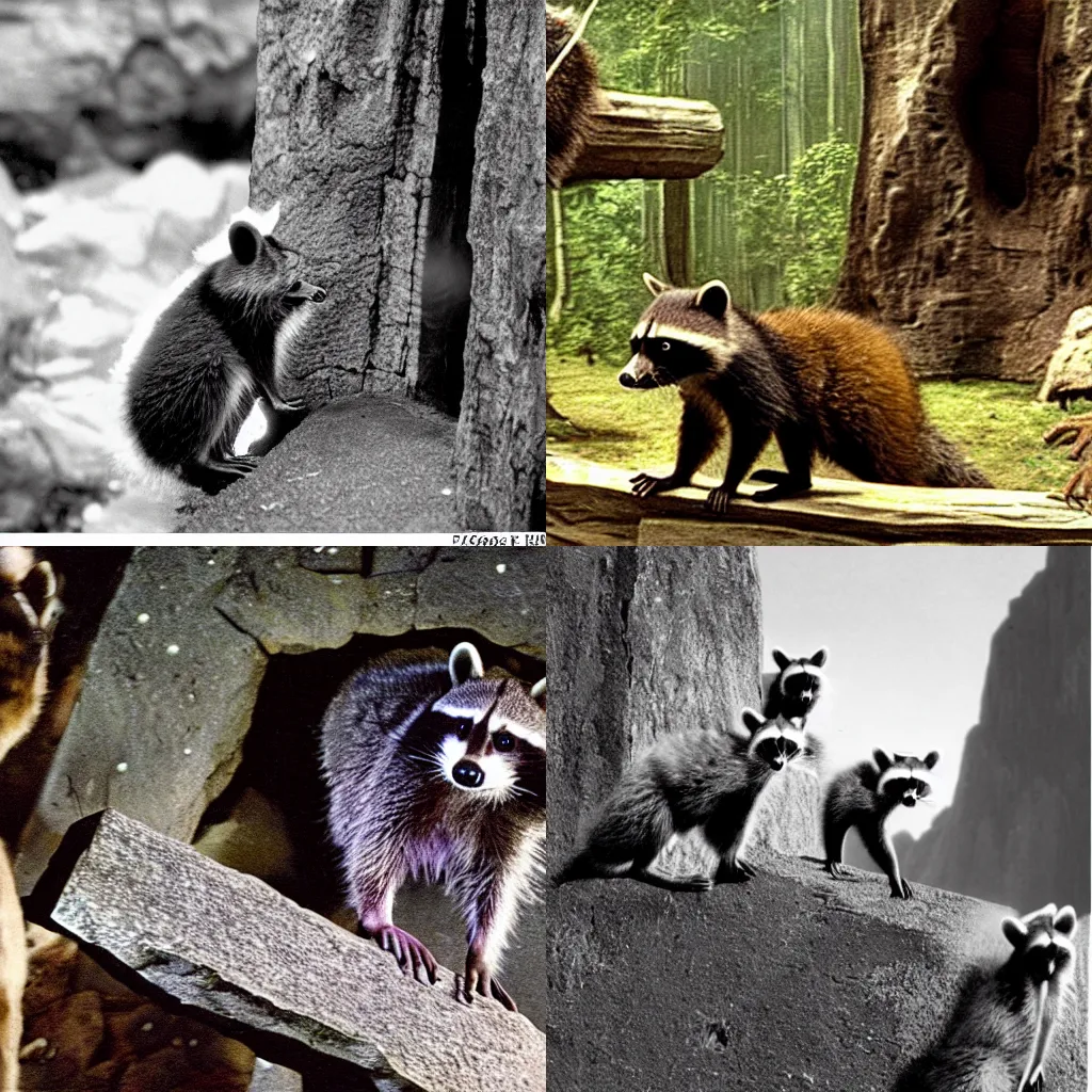 Prompt: primitive raccoons discovering the monolith in 2001 A Space Odyssey