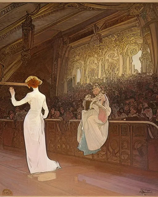 Image similar to painting alphonse mucha, interior of the opera house, view from the hall with a singer in a white dress on a lighted stage with an orchestra and audience in the hall, soft cinematic lighting, pastel color palette