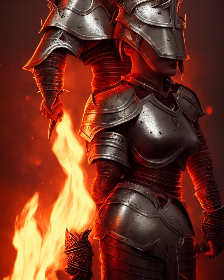 Image similar to epic portrait of female orc in plate armour and crown of fire by cleavanger and elvgren epic awesome gorgeous symmetrical perfect octane vfx maya render realistic