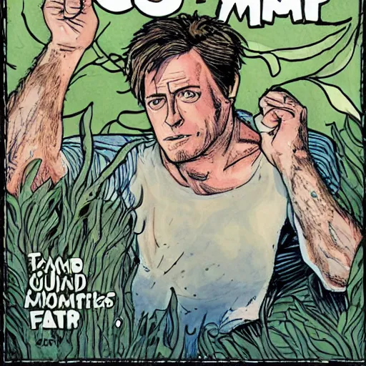 Prompt: hugh grant man vs wild, born survivor, beard, forest, fear, worms, bonfire, mud, man in white t - shirt, art by eisner will,