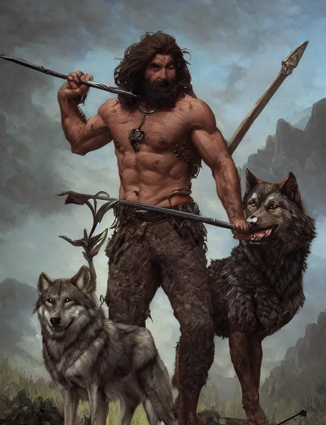 Image similar to portrait of a gruff ranger holding a spear, accompanied by a wolf dog, muscular, upper body, hairy body, D&D, fantasy, intricate, elegant, highly detailed, digital painting, artstation, concept art, matte, sharp focus, illustration, art by Artgerm and Greg Rutkowski and Alphonse Mucha