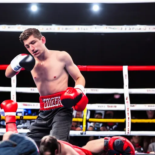 Image similar to realistic 8 k dslr image of charlie zelenoff with boxing gloves in the ring