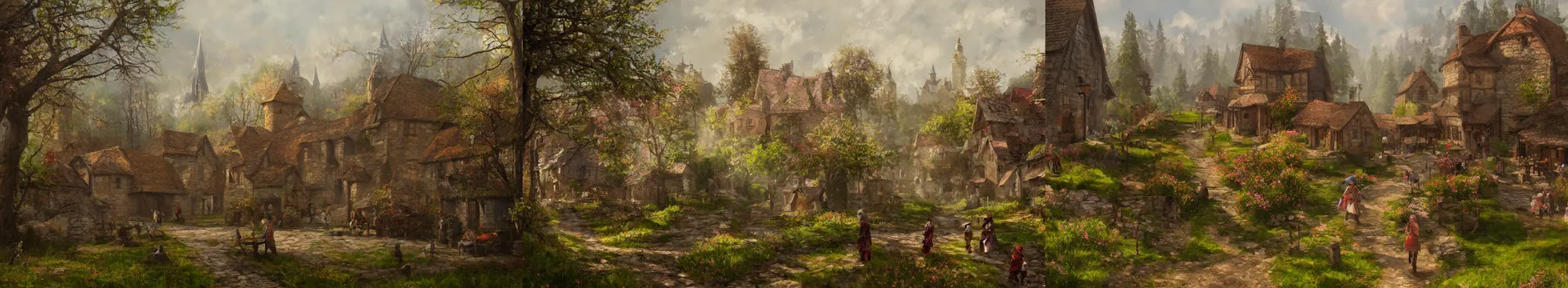 Prompt: high quality concept art from a historical fiction video game set in bohemia, a medieval village in springtime during light rain, beautiful oil painting, concept art, trending on ArtStation, 4K HD, 35mm f/5.0