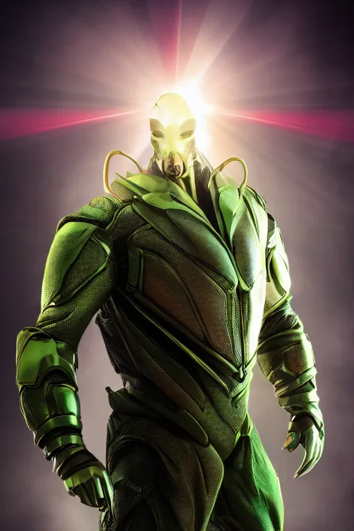 Prompt: mantis-man, character poster, dramatic lighting, atmospheric dust, green lens flare