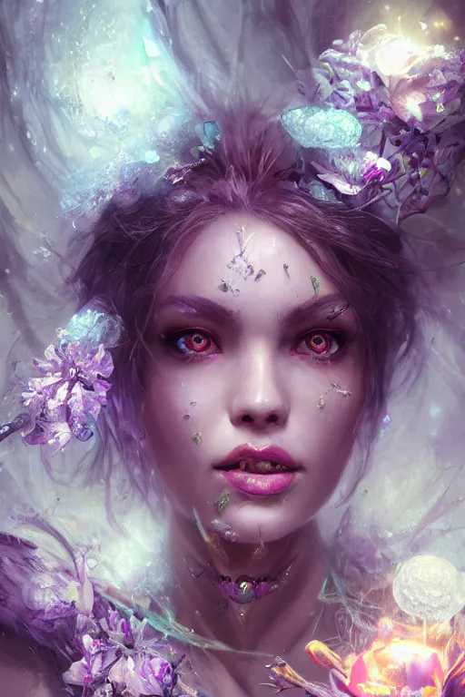 Image similar to fairy face closeup of beautiful girl necromancer, witch - doctor covered with crystals exploding into ice, 3 d render, hyper realistic detailed portrait, holding magic flowers, ruan jia, wlop. scifi, fantasy, hyper detailed, octane render, concept art, peter mohrbacher