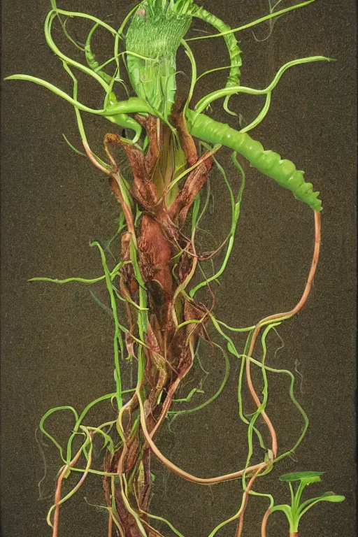 Prompt: a carnivorous plant with a long vine and the head of a alligator, vicious snapping alligator plant, side view of a plant showing roots stem and bud, plant photograph showing roots underground and plant aboveground, cutout photograph of a plant