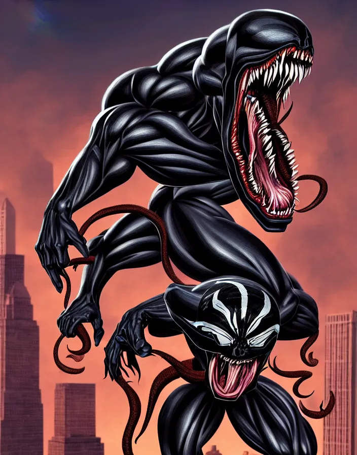 Prompt: fantastic illustration of venom, lethal protector, muscles, muscular, veins, open mouth, angry, saliva, bigh sharp teeths, savage, in a city at night, on top of buildings, large thong, artstation, 3 d hammer modeling, hd, sharp high quality artwork in cinematic style, movie lighting,