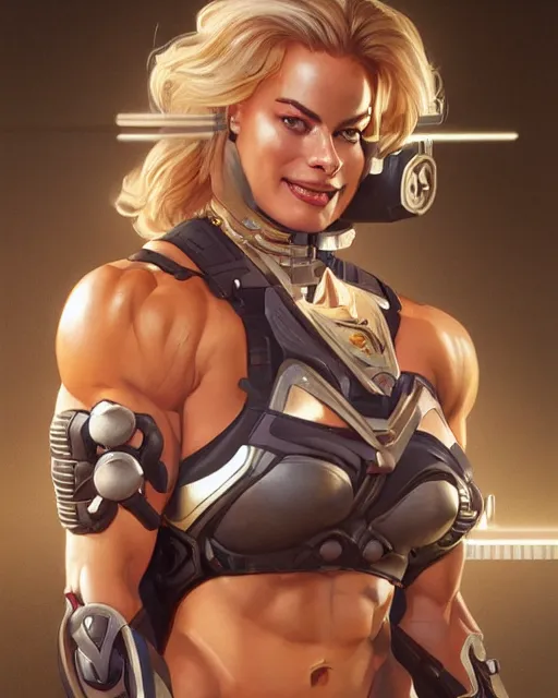 Prompt: full figure ultra realistic illustration, margot robbie as thick female bodybuilder cyborg zarya from overwatch smiling with closed eyes, intricate, elegant, highly detailed, digital painting, artstation, concept art, smooth, sharp focus, illustration, art by artgerm and greg rutkowski and alphonse mucha