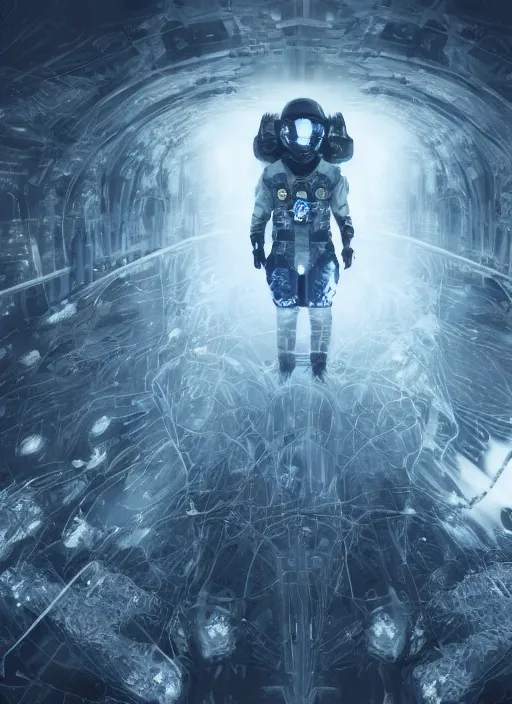 Image similar to symmetry concept art by craig mullins astronaut in futuristic dark and empty spaceship underwater. infrared glowing lights. complex and hyperdetailed technical suit. mandelbulb fractal. reflection and dispersion materials. rays and dispersion of light. volumetric light. 5 0 mm, f / 3 2. noise film photo. flash photography. unreal engine 4, octane render. interstellar movie art