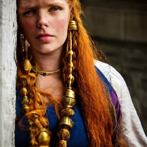 Prompt: 'https://i.pinimg.com/originals/8b/2b/3c/8b2b3c1c42721b1a61d595f3da14daf5.jpg' 15th Century Barbary Coast pirate Woman with Ginger hair and Golden hooped earrings photography by Steve McCurry