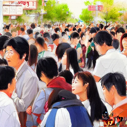 Image similar to crowd of japaneses in public phones, artwork by steve henderson