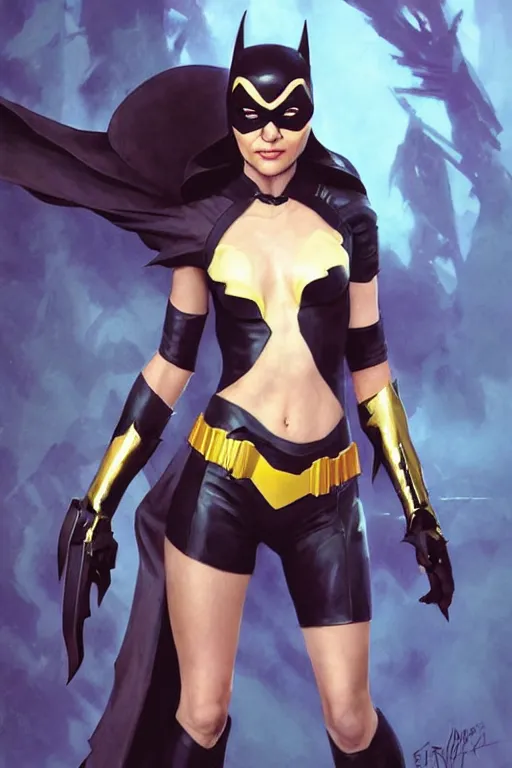 Image similar to portrait of a young Michelle Pfeiffer as Batgirl in bikini armor, dc comics, cyberpunk, Warhammer 40000, dark fantasy, digital art from artstation by Ruan Jia and Mandy Jurgens and Artgerm and william-adolphe bouguereau