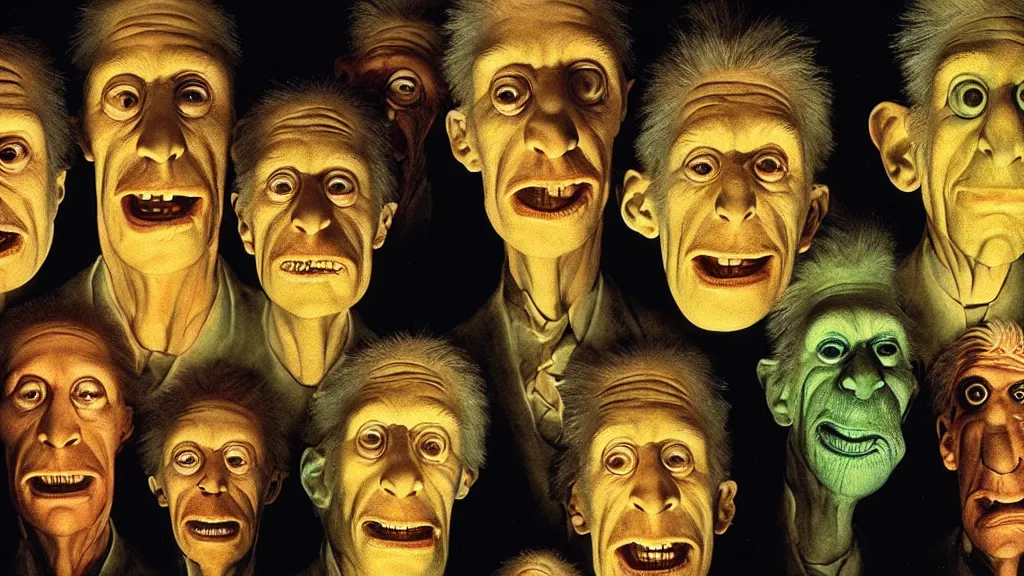 Image similar to museum of strange faces, glowing oil, film still from the movie directed by denis villeneuve and david cronenberg with art direction by salvador dali and dr. seuss