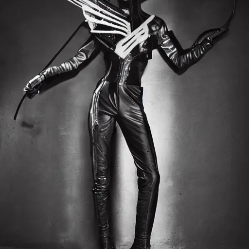 Image similar to fashion photography of an extraterrestrial model, holding a leather whip, wearing demobaza fashion, inside berghain, berlin fashion, harness, futuristic fashion, dark minimal outfit, photo 3 5 mm leica, hyperdetail, berghain, 8 k, very detailed, photo by nick knight