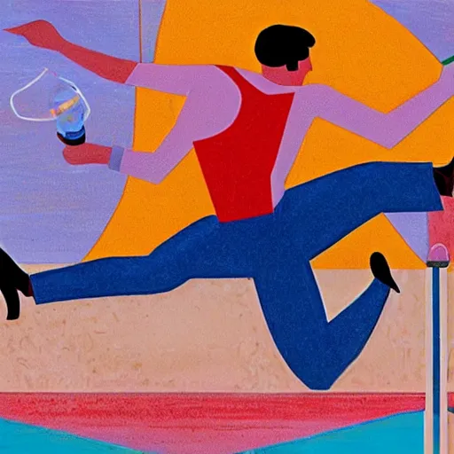 Prompt: artistic rendition of a man jumping in the while holding a bottle, futurism