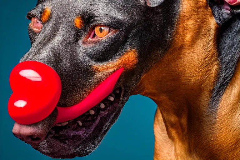 Image similar to profile of a snarling doberman wearing clown makeup and a red rubber nose, 4 k, hdr color