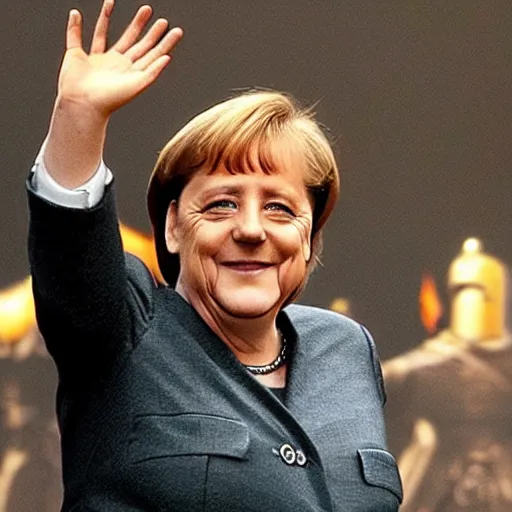 Image similar to Angela merkel praising the sun in Dark Souls, photo