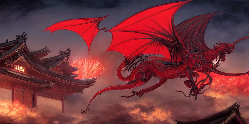 Image similar to Stunning Portrait of A Red dragon flying above a Feudal Japan temple, during a fire works festival at night by Kim Jung Gi, Blizzard Concept Art Studio Ghibli. oil paint. 4k. by brom, Pixiv cute anime girl wearing police gear by Ross Tran, Greg Rutkowski, Mark Arian, soft render, octane, highly detailed painting, artstation