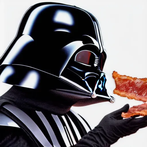 Image similar to darth vader putting stips of bacon on his helmet, digital art, photorealistic, hyperdetailed