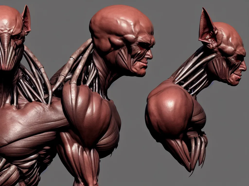 Image similar to game concept art, muscular, exoskeleton, chiroptera head, chiroptera ears, chiroptera nose, amphipoda, hyperrealism, fine detail, artstation, cgsociety, zbrush, no background