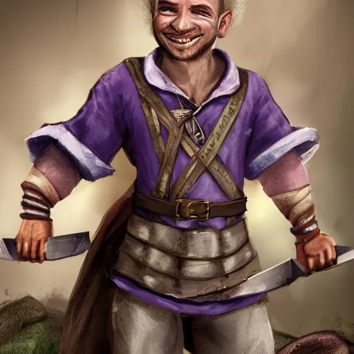 Prompt: duergar male child character portrait with pale purple skin, shabby clothes, leather pouch, wielding kitchen knife, smiling, youthful, dungeons and dragons, digital art