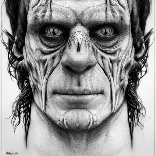 Prompt: An intricate detailed complex pencil drawing of frankenstein, dead eyes , contrast atmosphere, majestic, symmetrical face, artgerm, Dark mist, portrait, detailed monochrome, featured on artstation hd, detalied complex of monster illustration, character design art, border and embellishments dslr, hyperreal by Alphonse Mucha