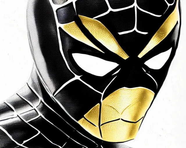 Image similar to photorealistic sketch of black spider - man with gold webbing