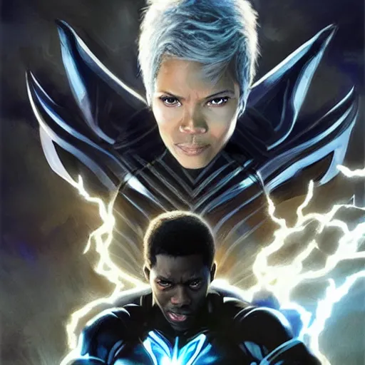 Prompt: chadwick boseman black banther and halle berry as the character strom from x - men, white hair, lightning beings, epic splash cover art,, by artgerm, greg rutkowski, james gurney, alex ross