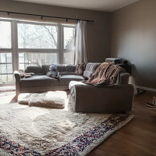 Prompt: the view of a cozy family room and specs of dust floating in the outline of a human figure who is suddenly no longer there, sun beam, ultra realistic, lonely, 8K, UE5
